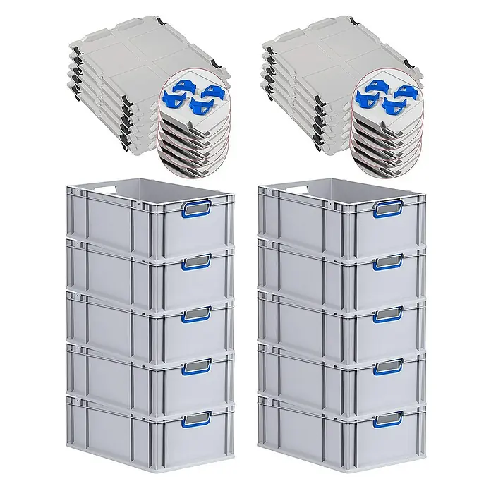 Proregal Euroboxen-Set 10x Eurobox NextGen Color mit Auflagedeckel und Schiebeschnappverschlüsse - L x B x H: 60 x 40 x 22 cm, Kunststoff, Grau, Blau, 10 Stk. - Stapelbare graue Kunststoffbehälter mit blauen Griffen und Deckel. Für Lagerung und Transport.