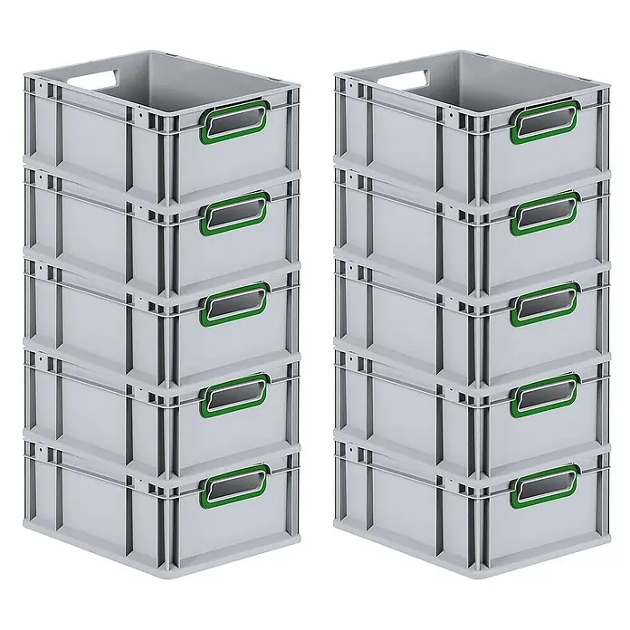 Proregal Euroboxen-Set 10x Eurobox NextGen Color - L x B x H: 40 x 30 x 17 cm, Kunststoff, Grau, Grün, 10 Stk. - Zwei Stapel grauer Lagerkisten mit grünen Griffen, ideal für die Organisation und Aufbewahrung von Gegenständen.