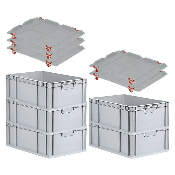 Proregal Euroboxen-Set 5x Eurobox NextGen Grip mit Auflagedeckel inkl. 4 roten Verschlüssen - L x B x H: 60 x 40 x 22 cm, Kunststoff, Grau, 5 Stk. - Bild zeigt Stapelboxen aus Kunststoff mit Deckeln in grau, die für Lagerung und Transport ideal sind.