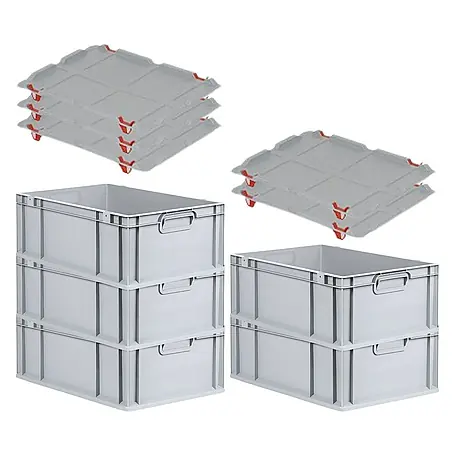 SparSet 5x Eurobox NextGen Grip mit Auflagedeckel inkl. 4 roten Schiebeschnappverschlüssen | HxBxT 22x40x60cm | 44 Liter | Grau | Griffe geschlossen | Verstärkter Boden | Eurobehälter, Transportbox, Transportbehälter, Stapelbehälter