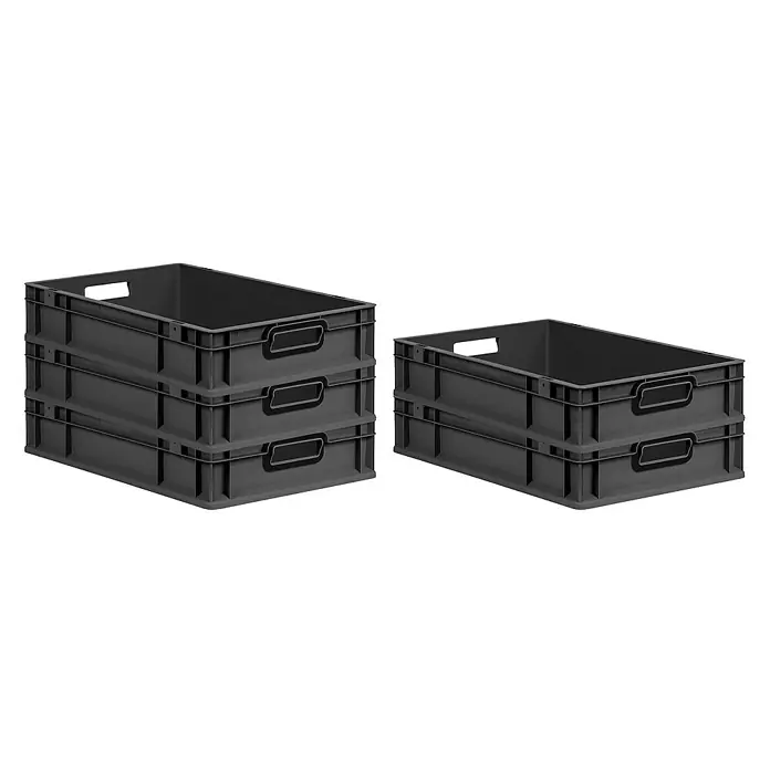 Proregal Euroboxen-Set 5x Eurobox NextGen Color - L x B x H: 60 x 40 x 12 cm, Kunststoff, Schwarz, Schwarz, 5 Stk. - Zwei Stapel grauer Kunststoffboxen. Die Boxen sind stapelbar und haben Griffmulden.