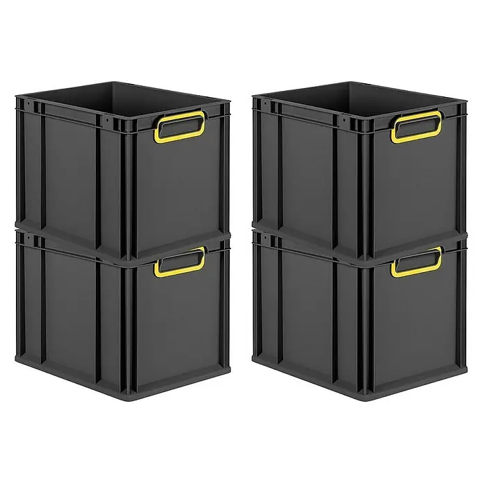 Proregal Euroboxen-Set 4x Eurobox NextGen Color - Kunststoff, Schwarz, Gelb, 4 Stk. - Zwei Stapel grauer Kunststoffboxen mit gelben Griffen, ideal für Lagerung und Transport.