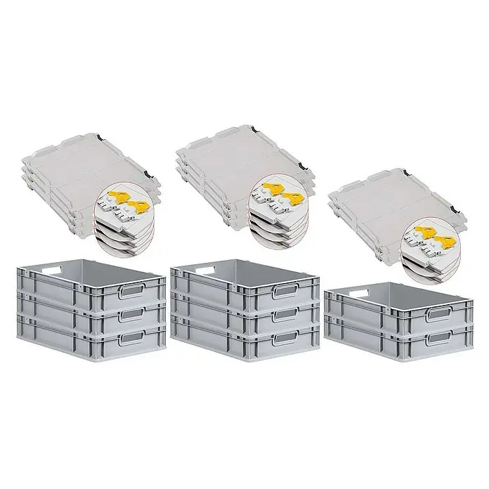 Proregal Euroboxen-Set 8x Eurobox NextGen Grip mit Scharnierdeckel und gelben Verschlüssen - L x B x H: 60 x 40 x 12 cm, Kunststoff, Grau, 8 Stk. - Graue Kunststoffboxen und dazugehörige Deckel gestapelt, ideal für Lagerung und Transport. Praktische Stapelboxen für Ordnung.