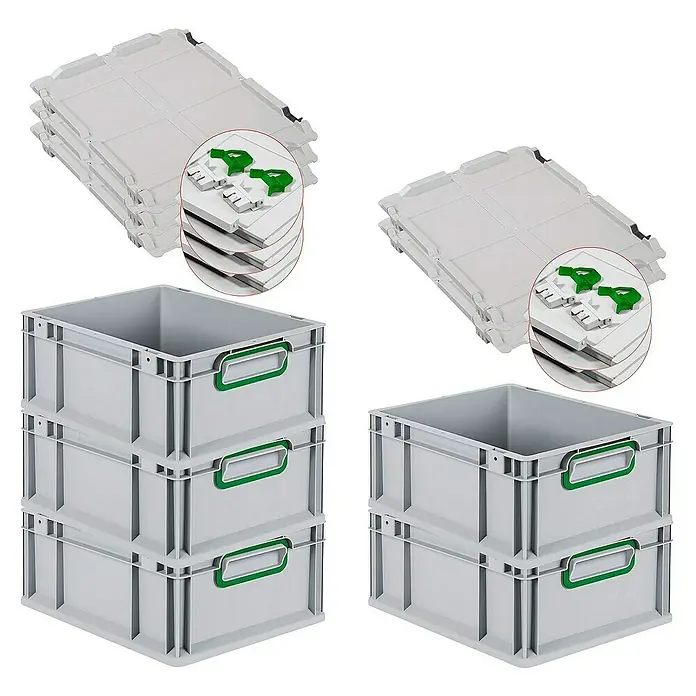 SuperSparSet 5x Eurobox NextGen Color mit Scharnierdeckel und Schiebeschnappverschlüssen | HxBxT 17x30x40cm | 16 Liter | Grau | Griffe grün geschlossen | Glatter Boden | Eurobehälter, Transportbox, Transportbehälter, Stapelbehälter -  - Graue Eurobehälter und Deckel, gestapelt und zur Aufbewahrung bereit, ideal für Lagerung und Transport.