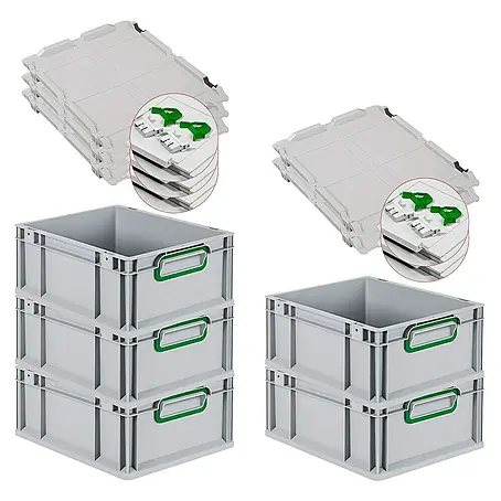 SuperSparSet 5x Eurobox NextGen Color mit Scharnierdeckel und Schiebeschnappverschlüssen | HxBxT 17x30x40cm | 16 Liter | Grau | Griffe grün geschlossen | Glatter Boden | Eurobehälter, Transportbox, Transportbehälter, Stapelbehälter