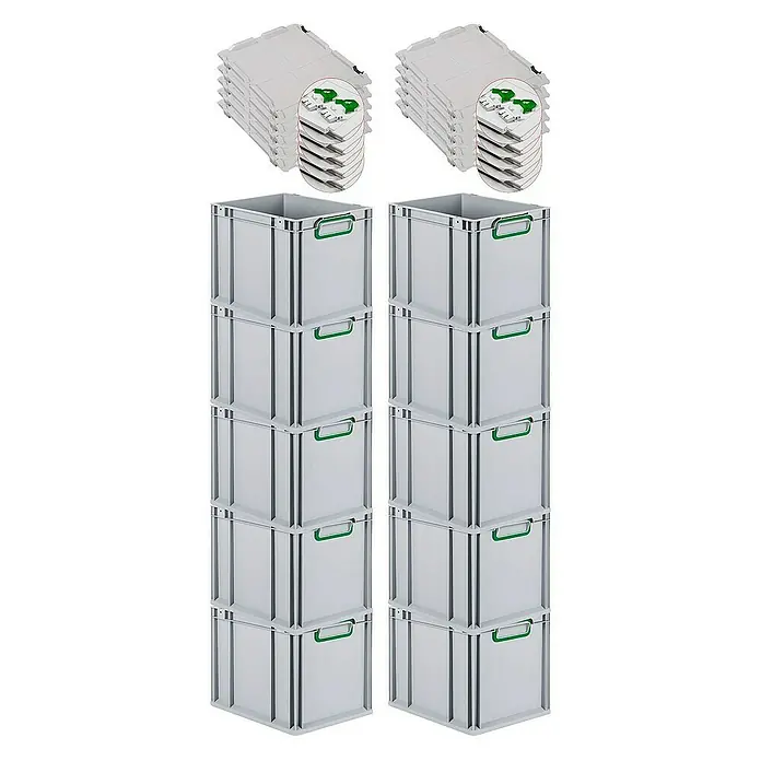 Proregal Euroboxen-Set 10x Eurobox NextGen Color mit Scharnierdeckel und Verschlüssen - L x B x H: 40 x 30 x 32 cm, Kunststoff, Grau, Grün, 10 Stk. - Graue Lagerboxen mit grünen Griffen und dazugehörige Deckel, ideal für die Organisation und Aufbewahrung von Gegenständen.