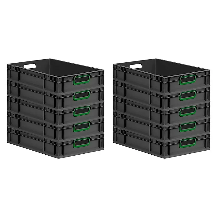 Proregal Euroboxen-Set 10x Eurobox NextGen Color - L x B x H: 60 x 40 x 12 cm, Kunststoff, Schwarz, Grün, 10 Stk. - Zwei Stapel grauer Kunststoffbehälter mit grünen Griffen, die praktische Aufbewahrungslösungen bieten.