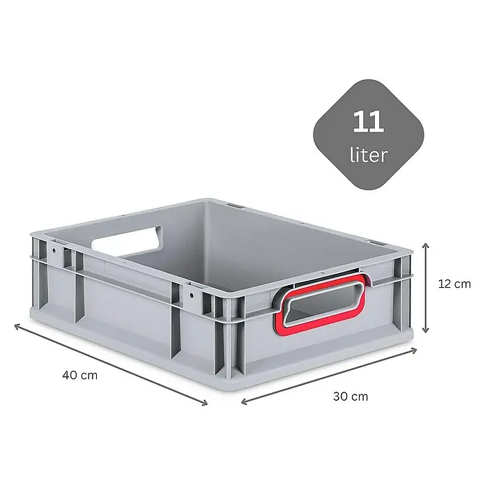 Proregal Euroboxen-Set 16x Eurobox NextGen Color - Kunststoff, Grau, Rot, 16 Stk. - Graue 11-Liter-Lagerkiste aus Kunststoff mit roten Griffen und Größenangaben. Ideal für die Aufbewahrung und Organisation von Gegenständen.