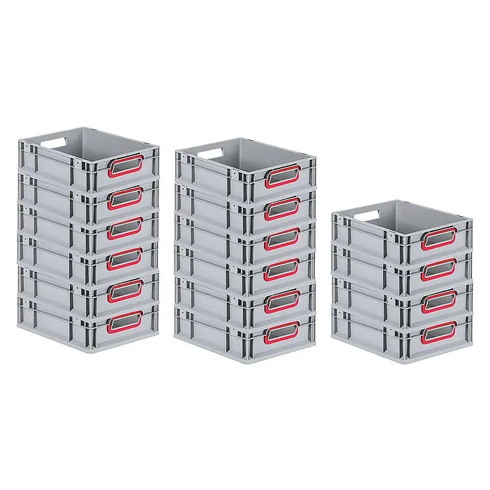 Proregal Euroboxen-Set 16x Eurobox NextGen Color - Kunststoff, Grau, Rot, 16 Stk. - Gestapelte graue Lagerkisten mit roten Griffen, ideal für die Aufbewahrung und Organisation von Gegenständen im Lager oder Zuhause.