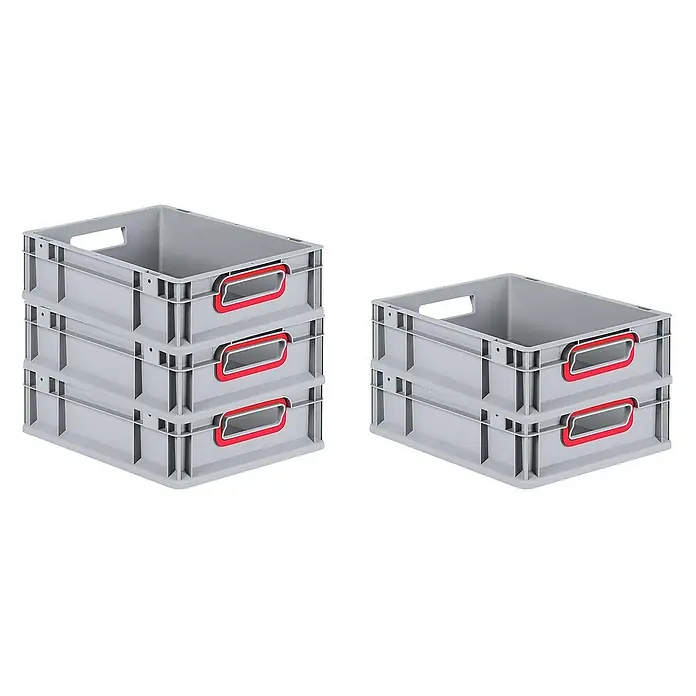 Proregal Euroboxen-Set 16x Eurobox NextGen Color - Kunststoff, Grau, Rot, 16 Stk. - Gestapelte, graue Kunststoffboxen mit roten Griffen für Lagerung & Organisation. Ideal für Ordnung in Werkstatt, Büro oder Zuhause.