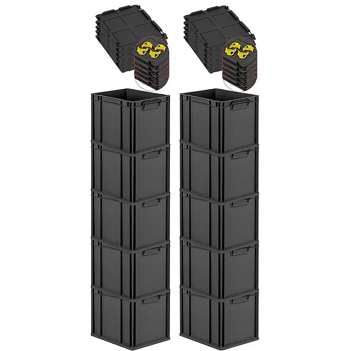 Proregal Euroboxen-Set 10x Eurobox NextGen Grip mit Auflagedeckel inkl. 4 gelben Verschlüssen - Kunststoff, Schwarz, 10 Stk. - Produktfoto von zwei Stapeln schwarzer Kunststoffboxen und zwei Stapeln schwarzer Deckel mit gelbem Muster.