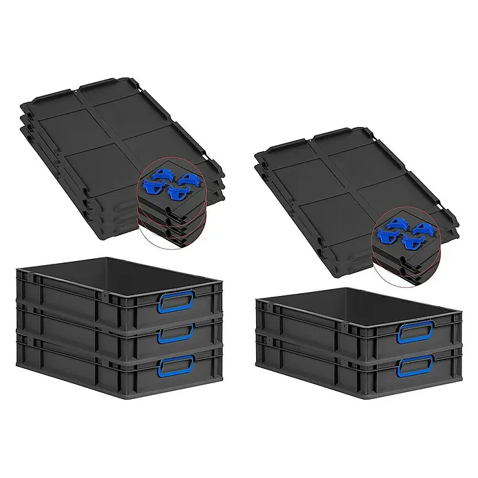 Proregal Euroboxen-Set 5x Eurobox NextGen Color mit Auflagedeckel und Schiebeschnappverschlüsse - L x B x H: 60 x 40 x 12 cm, Kunststoff, Schwarz, Blau, 5 Stk. - Bild von stapelbaren, grauen Kunststoffboxen mit blauen Griffen und zugehörigen Deckeln. Diese praktischen Aufbewahrungsbehälter sind ideal für Ordnung.