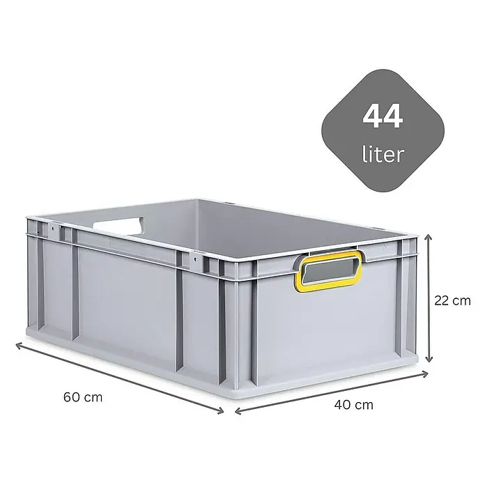 Proregal Euroboxen-Set 10x Eurobox NextGen Color - L x B x H: 60 x 40 x 22 cm, Kunststoff, Grau, Gelb, 10 Stk. - Graue Kunststoffbox mit gelben Griffen und den Maßen 60 x 40 x 22 cm, Volumen 44 Liter.