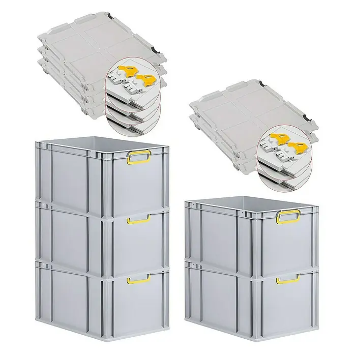 SuperSparSet 5x Eurobox NextGen Color mit Scharnierdeckel und Schiebeschnappverschlüssen | HxBxT 32x40x60cm | 65 Liter | Grau | Griffe gelb geschlossen | Verstärkter Boden | Eurobehälter, Transportbox, Transportbehälter, Stapelbehälter -  - Graue Stapelboxen mit gelben Griffen und zugehörigen Deckeln für eine praktische Lagerung.