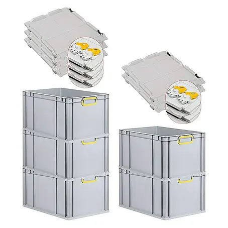 SuperSparSet 5x Eurobox NextGen Color mit Scharnierdeckel und Schiebeschnappverschlüssen | HxBxT 32x40x60cm | 65 Liter | Grau | Griffe gelb geschlossen | Verstärkter Boden | Eurobehälter, Transportbox, Transportbehälter, Stapelbehälter