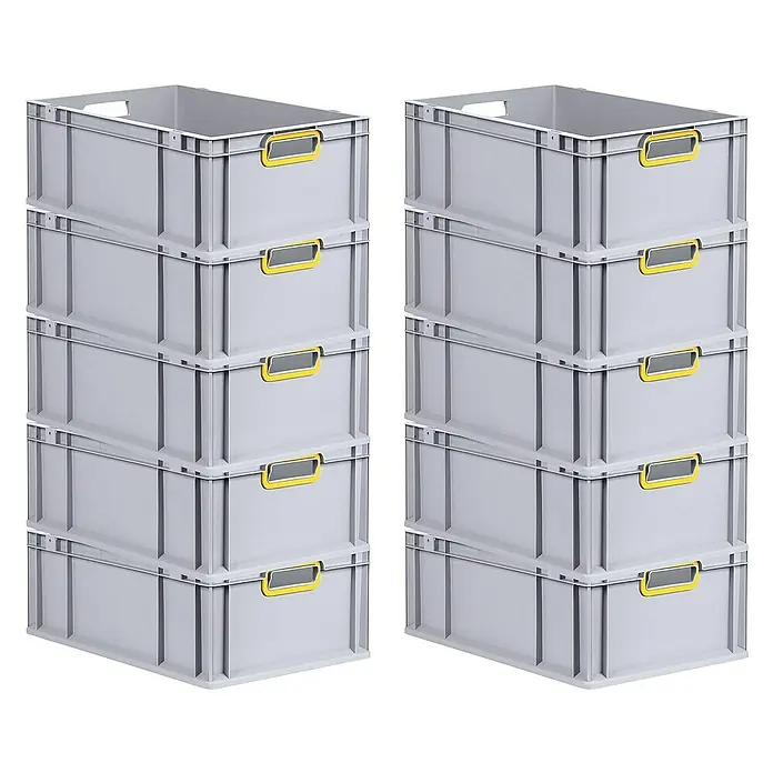 Proregal Euroboxen-Set 10x Eurobox NextGen Color - L x B x H: 60 x 40 x 22 cm, Kunststoff, Grau, Gelb, 10 Stk. - Zwei Stapel grauer Kunststoffbehälter mit gelben Griffen, ideal für Lagerung und Organisation.