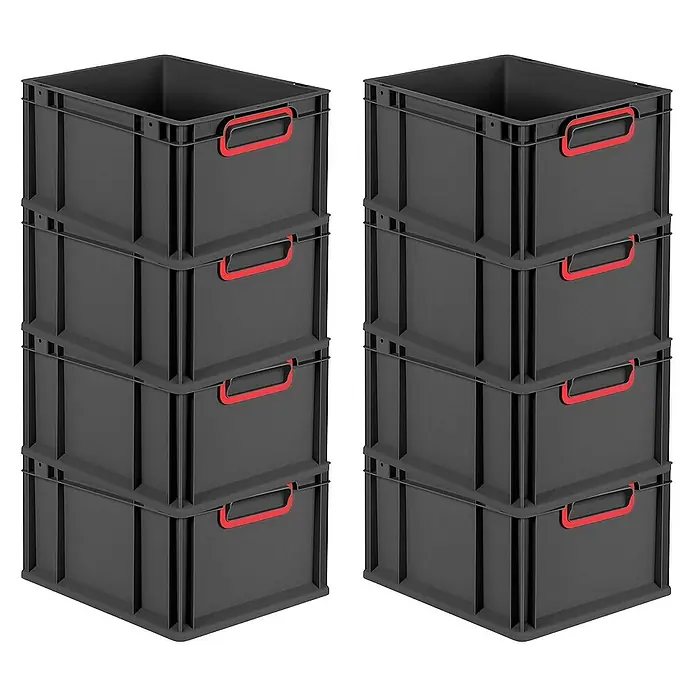 Proregal Euroboxen-Set 8x Eurobox NextGen Color - L x B x H: 40 x 30 x 22 cm, Kunststoff, Schwarz, Rot, 8 Stk. - Zwei Stapel grauer Aufbewahrungsboxen mit roten Griffen, jeweils vier Boxen hoch gestapelt, zur Lagerung und Organisation.