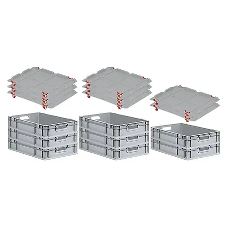 SuperSparSet 8x Eurobox NextGen Grip mit Auflagedeckel inkl. 4 roten Schiebeschnappverschlüssen | HxBxT 12x40x60cm | 23 Liter | Grau | Griffe offen | Glatter Boden | Eurobehälter, Transportbox, Transportbehälter, Stapelbehälter