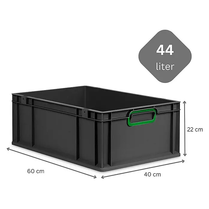 Proregal Euroboxen-Set 4x Eurobox NextGen Color - Kunststoff, Schwarz, Grün, 4 Stk. - Graue 44-Liter-Kunststoffbox mit grünen Griffen und Maßangaben für Länge, Breite und Höhe.