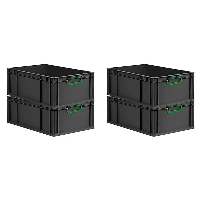 Proregal Euroboxen-Set 4x Eurobox NextGen Color - Kunststoff, Schwarz, Grün, 4 Stk. - Zwei Stapel mit je zwei grauen Kunststoffboxen mit grünen Griffen. Praktische und robuste Aufbewahrungslösung für verschiedene Zwecke.