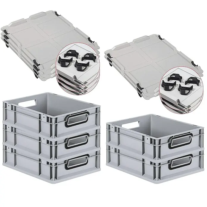 SparSet 5x Eurobox NextGen Color mit Auflagedeckel und Schiebeschnappverschlüsse | HxBxT 12x30x40cm | 11 Liter | Grau | Griffe schwarz offen | Glatter Boden | Eurobehälter, Transportbox, Transportbehälter, Stapelbehälter -  - Gestapelte graue Lagerkisten mit schwarzen Griffen und dazu passende Deckel für eine platzsparende Aufbewahrung.