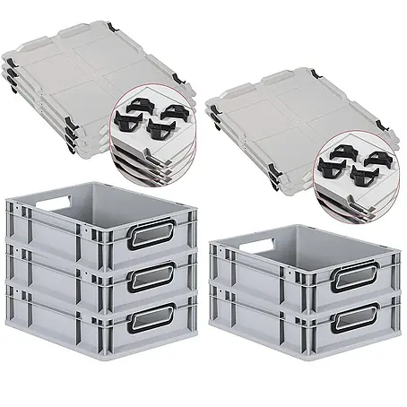 SparSet 5x Eurobox NextGen Color mit Auflagedeckel und Schiebeschnappverschlüsse | HxBxT 12x30x40cm | 11 Liter | Grau | Griffe schwarz offen | Glatter Boden | Eurobehälter, Transportbox, Transportbehälter, Stapelbehälter