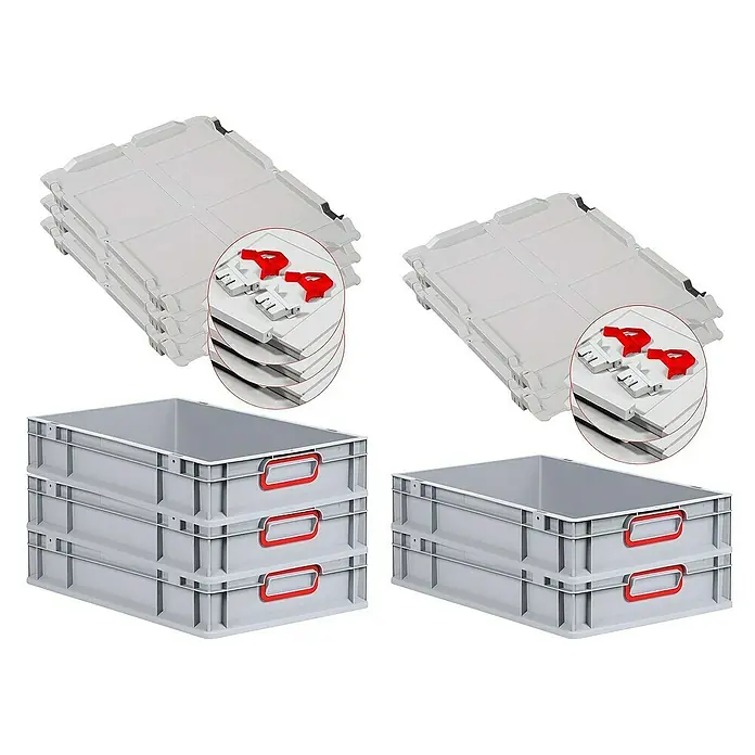 Proregal Euroboxen-Set 5x Eurobox NextGen Color mit Scharnierdeckel und Verschlüssen - L x B x H: 60 x 40 x 12 cm, Kunststoff, Grau, Rot, 5 Stk. - Produktabbildung: Mehrere graue Eurobehälter und Deckel, ideal für Lagerung und Transport. Die Behälter sind stapelbar und mit roten Griffen ausgestattet.