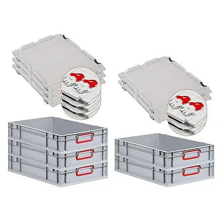 SuperSparSet 5x Eurobox NextGen Color mit Scharnierdeckel und Schiebeschnappverschlüssen | HxBxT 12x40x60cm | 23 Liter | Grau | Griffe rot geschlossen | Glatter Boden | Eurobehälter, Transportbox, Transportbehälter, Stapelbehälter