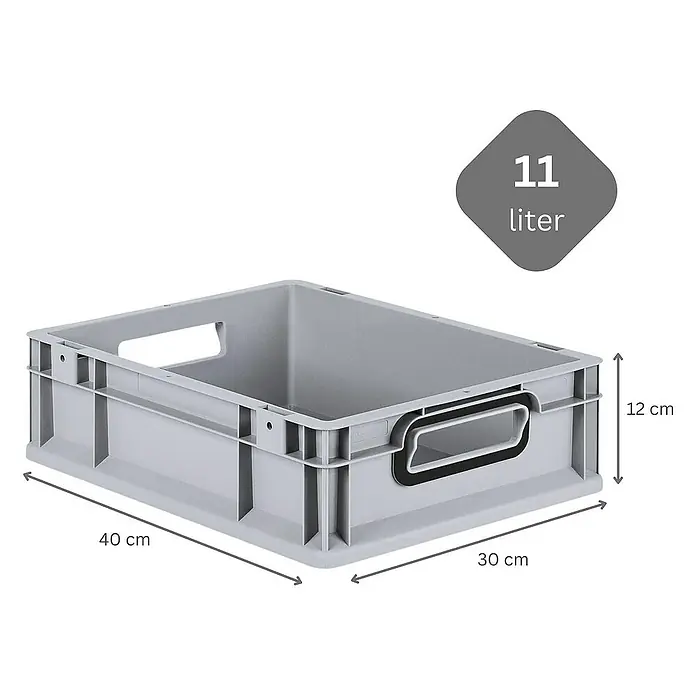 SparSet 5x Eurobox NextGen Color mit Auflagedeckel und Schiebeschnappverschlüsse | HxBxT 12x30x40cm | 11 Liter | Grau | Griffe schwarz offen | Glatter Boden | Eurobehälter, Transportbox, Transportbehälter, Stapelbehälter -  - Abbildung einer grauen 11-Liter-Kunststoffbox mit den Maßen 40 x 30 x 12 cm, ideal für Lagerung und Organisation.