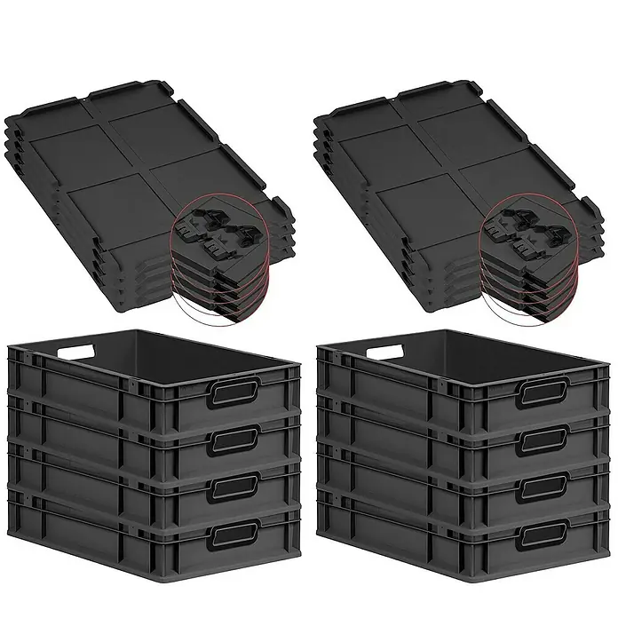 Proregal Euroboxen-Set 8x Eurobox NextGen Color mit Scharnierdeckel und Verschlüssen - L x B x H: 60 x 40 x 12 cm, Kunststoff, Schwarz, Schwarz, 8 Stk. - Bild von stapelbaren, grauen Kunststoffboxen und Deckeln. Ideal für Lagerung und Organisation, robust und langlebig.