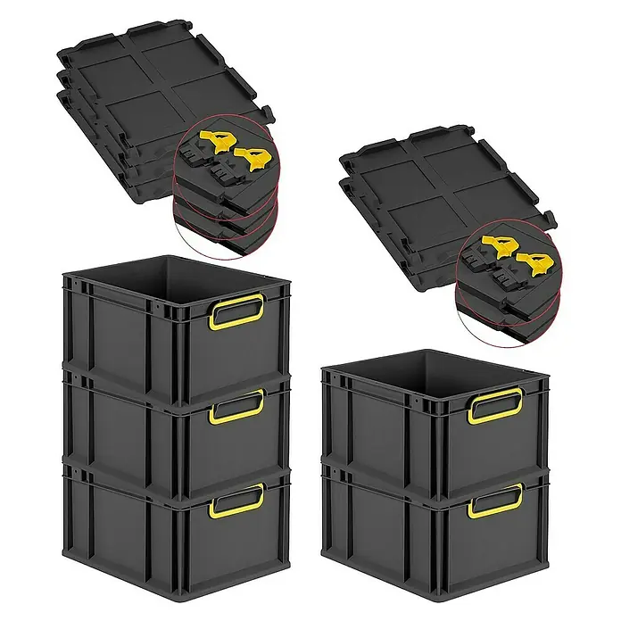 Proregal Euroboxen-Set 5x Eurobox NextGen Color mit Scharnierdeckel und Verschlüssen - L x B x H: 40 x 30 x 22 cm, Kunststoff, Schwarz, Gelb, 5 Stk. - Stapelbare schwarze Kunststoffboxen mit gelben Griffen und dazugehörigen Deckeln. Ideal für Lagerung und Organisation.