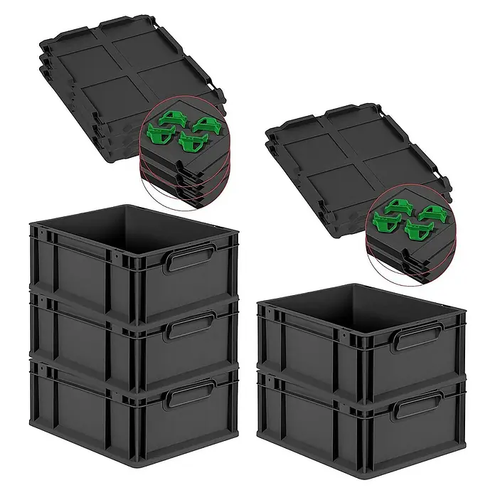 Proregal Euroboxen-Set 5x Eurobox NextGen Grip mit Auflagedeckel inkl. 4 grünen Verschlüssen - L x B x H: 40 x 30 x 17 cm, Kunststoff, Schwarz, 5 Stk. - Schwarze Eurobehälter mit Deckeln und Verriegelungen, perfekt für Lagerung und Transport.