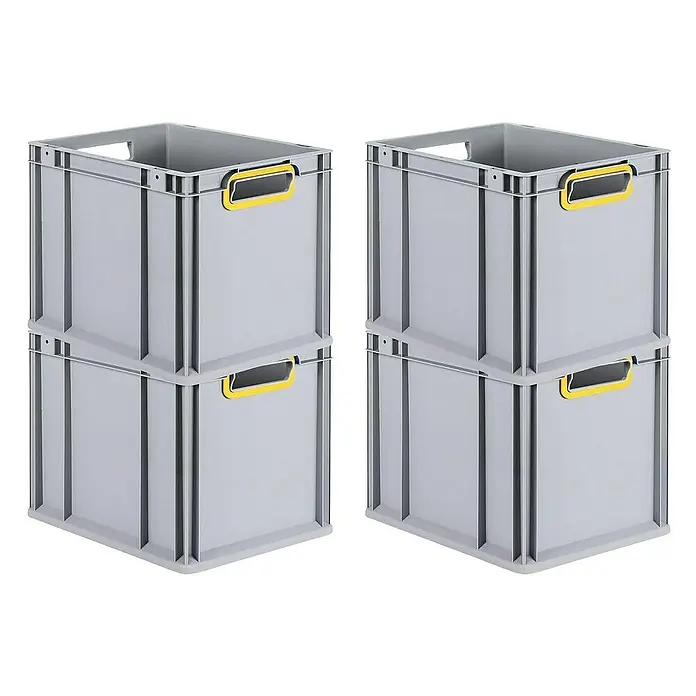 Proregal Euroboxen-Set 4x Eurobox NextGen Color - Kunststoff, Grau, Gelb, 4 Stk. - Zwei Stapel von zwei grauen Kunststoffboxen mit gelben Griffen, ideal für Lagerung und Organisation. Robust und stapelbar für effiziente Raumnutzung.