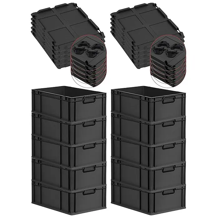 SparSet 10x Eurobox NextGen Color mit Auflagedeckel und Schiebeschnappverschlüsse | HxBxT 22x40x60cm | 44 Liter | Schwarz | Griffe schwarz geschlossen | Verstärkter Boden | Eurobehälter, Transportbox, Transportbehälter, Stapelbehälter -  - Schwarze Lagerboxen mit Deckeln. Robuste Boxen für Lagerung und Ordnung, ideal für Werkstatt oder Büro, in praktischen Stapeln dargestellt.
