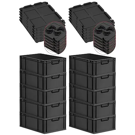 SparSet 10x Eurobox NextGen Color mit Auflagedeckel und Schiebeschnappverschlüsse | HxBxT 22x40x60cm | 44 Liter | Schwarz | Griffe schwarz geschlossen | Verstärkter Boden | Eurobehälter, Transportbox, Transportbehälter, Stapelbehälter