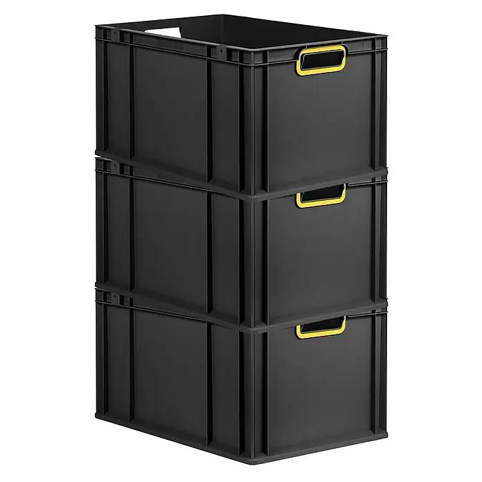 Proregal Euroboxen-Set 3x Eurobox NextGen Color - L x B x H: 60 x 40 x 32 cm, Kunststoff, Schwarz, Gelb, 3 Stk. - Drei schwarze Kunststoffboxen mit gelben Griffen sind übereinander gestapelt. Die Boxen sind rechteckig und wirken stabil.
