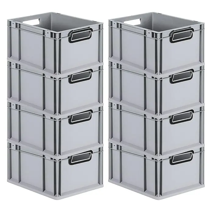 Proregal Euroboxen-Set 8x Eurobox NextGen Color - Kunststoff, Grau, Schwarz, 8 Stk. - Zwei Stapel hellgrauer Kunststoffboxen mit Griffen. Praktische Aufbewahrungslösung für Büro und Haushalt, ideal zur Ordnung.