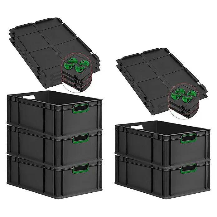 Proregal Euroboxen-Set 5x Eurobox NextGen Color mit Auflagedeckel und Schiebeschnappverschlüsse - L x B x H: 60 x 40 x 22 cm, Kunststoff, Schwarz, Grün, 5 Stk. - Graue Kunststoffboxen mit grünen Griffen und dazu passende Deckel. Praktisch für Lagerung und Transport.