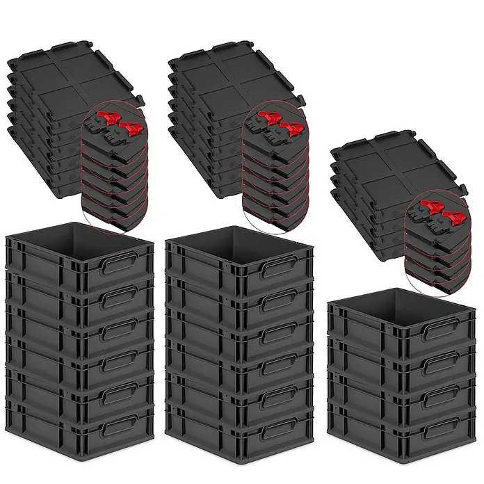 Proregal Euroboxen-Set 16x Eurobox NextGen Grip mit Scharnierdeckel und roten Verschlüssen - L x B x H: 40 x 30 x 12 cm, Kunststoff, Schwarz, 16 Stk. - Stapelbare schwarze Kunststoffbehälter und passende Deckel für eine ordentliche Lagerung. Ideal für Werkstatt, Büro oder Lager.