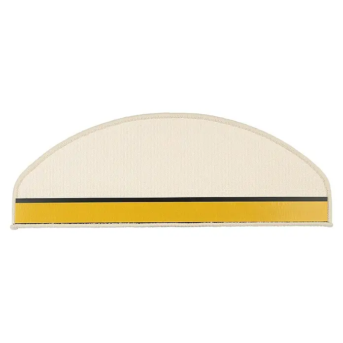Stufenmatte Sisal - 65 x 23,5 cm, Elfenbein, Halbrund - Nahaufnahme eines halbkreisförmigen, beigen Teppichs mit gelbem Streifen und schwarzer Linie, der eine elegante Textur aufweist.