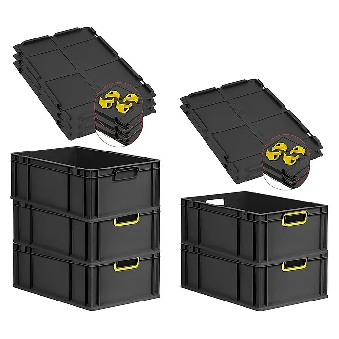 Proregal Euroboxen-Set 5x Eurobox NextGen Color mit Auflagedeckel und Schiebeschnappverschlüsse - L x B x H: 60 x 40 x 22 cm, Kunststoff, Schwarz, Gelb, 5 Stk. - Schwarze Kunststoffbehälter mit gelben Griffen und schwarzen Deckeln.