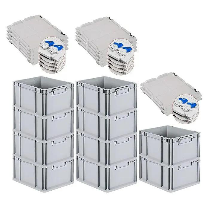 Proregal Euroboxen-Set 10x Eurobox NextGen Economy mit Scharnierdeckel und blauen Verschlüssen - L x B x H: 40 x 30 x 22 cm, Kunststoff, Grau, 10 Stk. - Graue Kunststoffboxen mit Deckeln. Ideal für Lagerung und Ordnung im Büro oder zu Hause. Robuste Bauweise für vielfältige Anwendungen.
