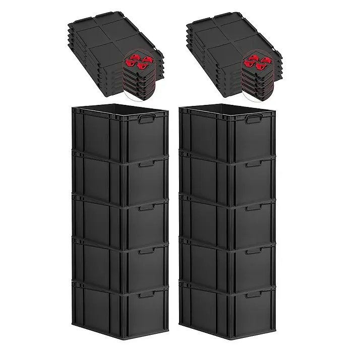 Proregal Euroboxen-Set 10x Eurobox NextGen Grip mit Auflagedeckel inkl. 4 roten Verschlüssen - L x B x H: 60 x 40 x 32 cm, Kunststoff, Schwarz, 10 Stk. - Set mit schwarzen Aufbewahrungsboxen, Deckeln und Verbindungsstücken. Ideal für Lagerung und Organisation.
