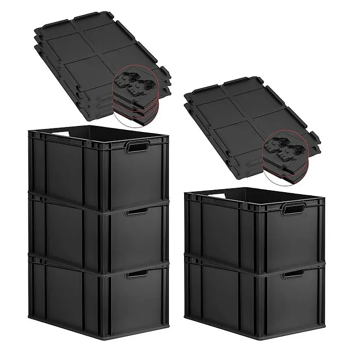 Proregal Euroboxen-Set 5x Eurobox NextGen Grip mit Scharnierdeckel und schwarzen Verschlüssen - L x B x H: 60 x 40 x 32 cm, Kunststoff, Schwarz, 5 Stk. - Schwarze Euroboxen und Deckel im Stapel. Praktische Lagerbehälter für vielfältige Anwendungen, stabil und platzsparend bei Nichtgebrauch.