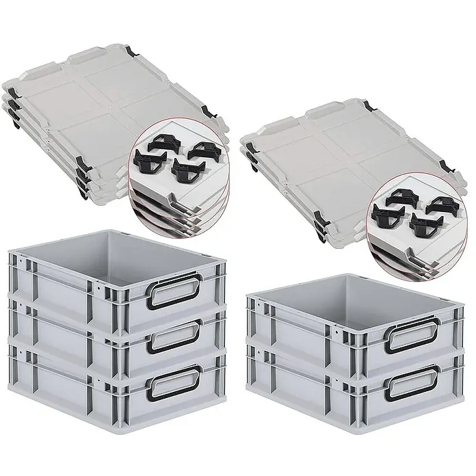 SparSet 5x Eurobox NextGen Color mit Auflagedeckel und Schiebeschnappverschlüsse | HxBxT 12x30x40cm | 11 Liter | Grau | Griffe schwarz geschlossen | Glatter Boden | Eurobehälter, Transportbox, Transportbehälter, Stapelbehälter -  - Bild von stapelbaren grauen Lagerboxen und passenden Deckeln. Ideal zur Aufbewahrung und zum Transport.