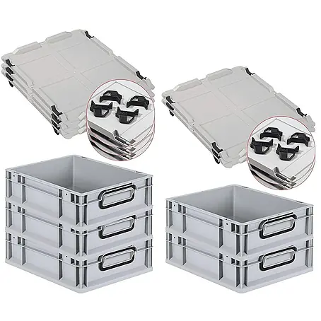 SparSet 5x Eurobox NextGen Color mit Auflagedeckel und Schiebeschnappverschlüsse | HxBxT 12x30x40cm | 11 Liter | Grau | Griffe schwarz geschlossen | Glatter Boden | Eurobehälter, Transportbox, Transportbehälter, Stapelbehälter