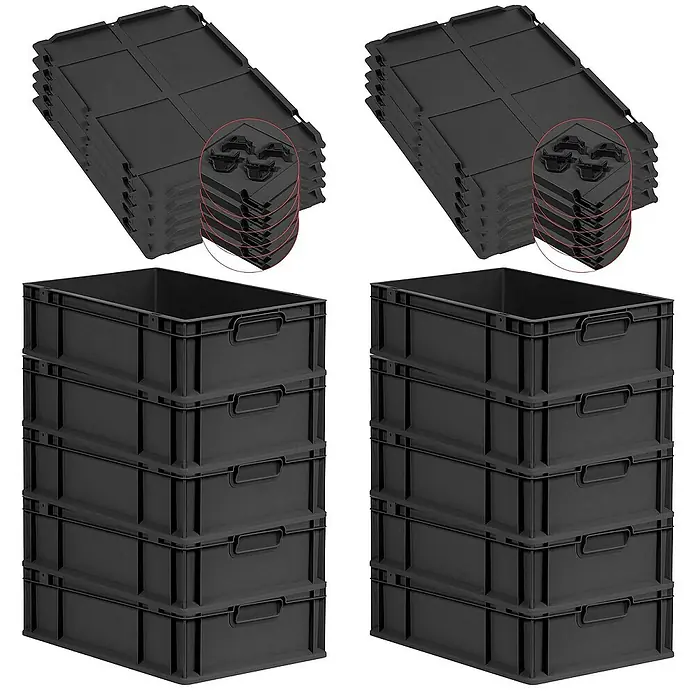 SparSet 10x Eurobox NextGen Grip mit Auflagedeckel inkl. 4 schwarzen Schiebeschnappverschlüssen | HxBxT 17x40x60cm | 34 Liter | Schwarz | Griffe geschlossen | Eurobehälter, Transportbox, Transportbehälter, Stapelbehälter -  - Stapelbare schwarze Kunststoffboxen und zugehörige Deckel für Lagerung und Organisation.