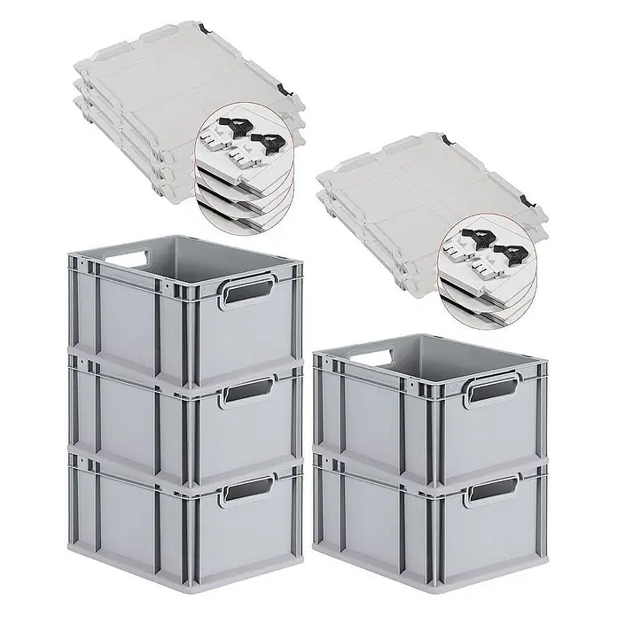 Proregal Euroboxen-Set 5x Eurobox NextGen Grip mit Scharnierdeckel und schwarzen Verschlüssen - L x B x H: 40 x 30 x 22 cm, Kunststoff, Grau, 5 Stk. - Produktabbildung von stapelbaren Euroboxen mit Deckel, ideal für Lagerung und Transport.