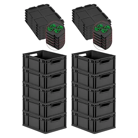 SuperSparSet 10x Eurobox NextGen Grip mit Auflagedeckel inkl. 4 grünen Schiebeschnappverschlüssen | HxBxT 17x30x40cm | 16 Liter | Schwarz | Griffe offen | Eurobehälter, Transportbox, Transportbehälter, Stapelbehälter