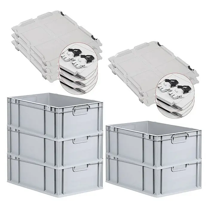 Proregal Euroboxen-Set 5x Eurobox NextGen Grip mit Scharnierdeckel und schwarzen Verschlüssen - L x B x H: 60 x 40 x 22 cm, Kunststoff, Grau, 5 Stk. - Graue Stapelboxen und passende Deckel im Set, ideal für Lagerung und Transport. Praktisch und robust.